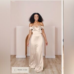 NWT Never worn Revelry Bardot Satin Dress - Gold Champagne 703